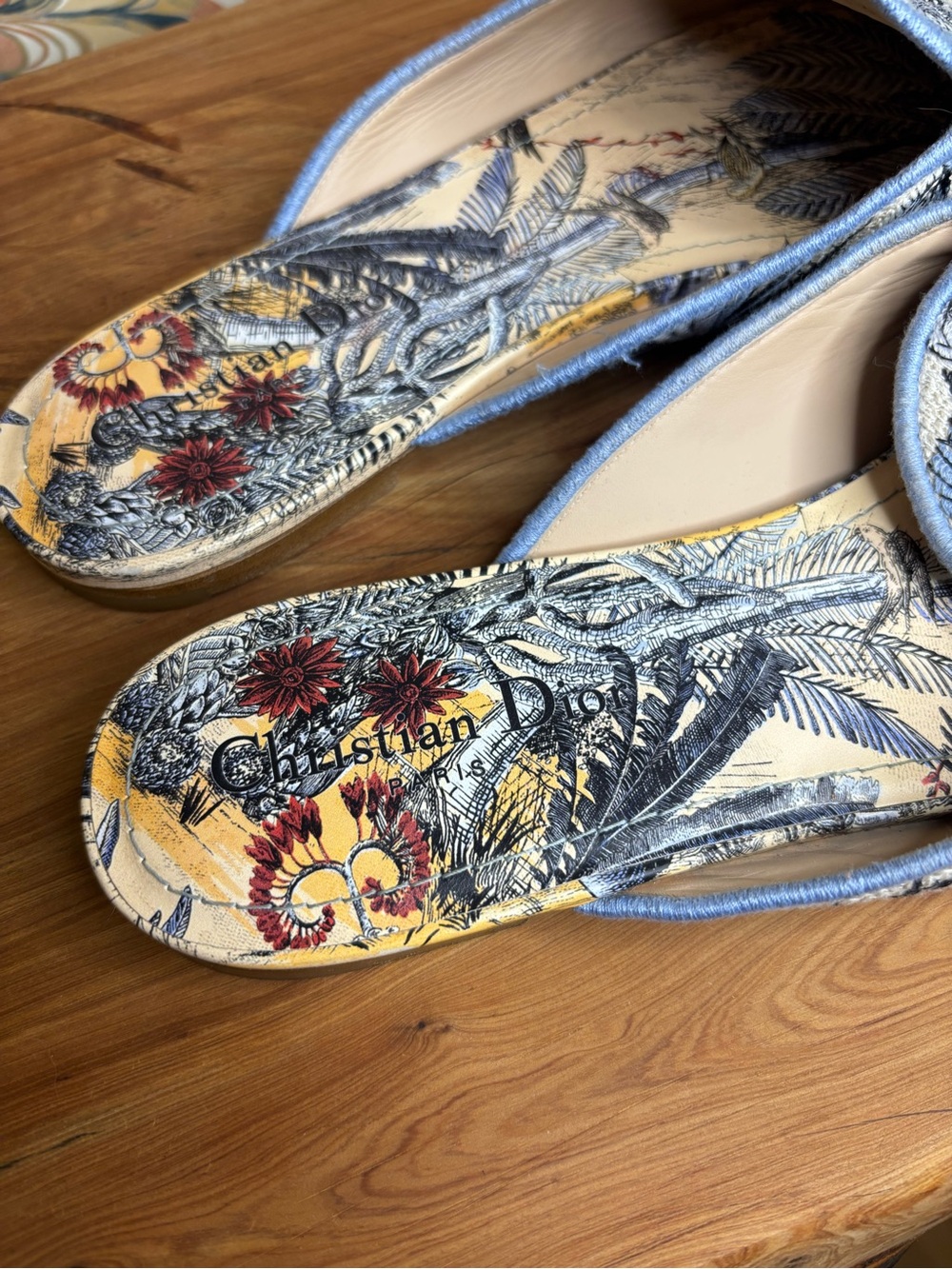 Dior Blue & Cream Embroidered Slip-On Mules with Red Floral Tropical Detail - Picture 7 of 8